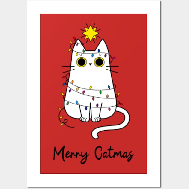 Merry Catmas Christmas cat design Wall Art by Kaktus Tees